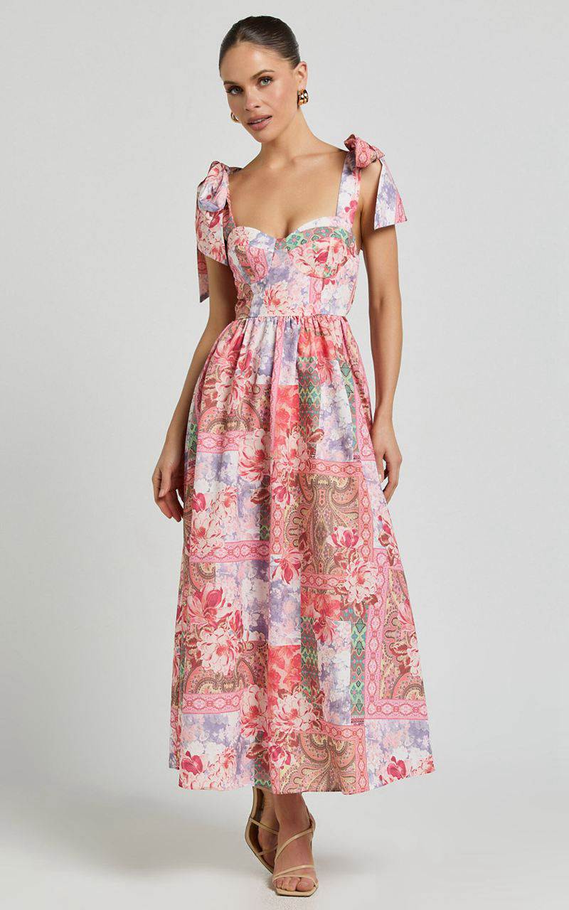 Showpo Meagan Midi Dress - Tie Shoulder Gathered Skirt Dress Floral Mosaic Print | EYZHTD498