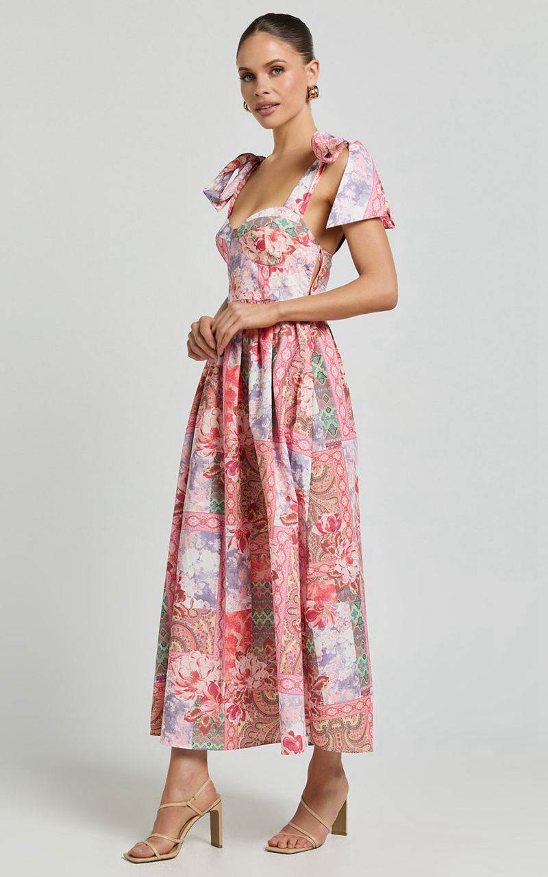 Showpo Meagan Midi Dress - Tie Shoulder Gathered Skirt Dress Floral Mosaic Print | EYZHTD498