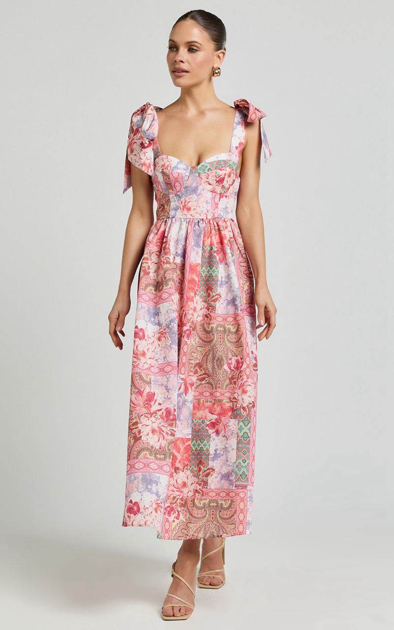 Showpo Meagan Midi Dress - Tie Shoulder Gathered Skirt Dress Floral Mosaic Print | EYZHTD498