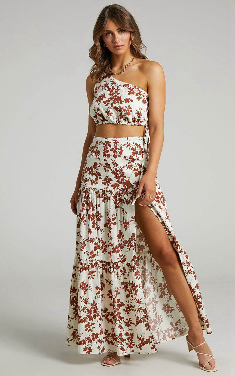 Showpo Meghan Two Piece Set - One Shoulder Crop Top And Midi Skirt Set Shadow Floral | TZLPRJ193