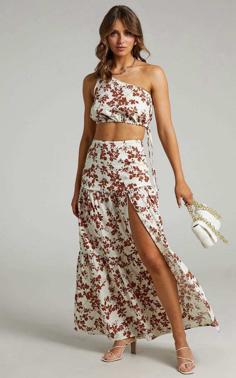 Showpo Meghan Two Piece Set - One Shoulder Crop Top And Midi Skirt Set Shadow Floral | TZLPRJ193