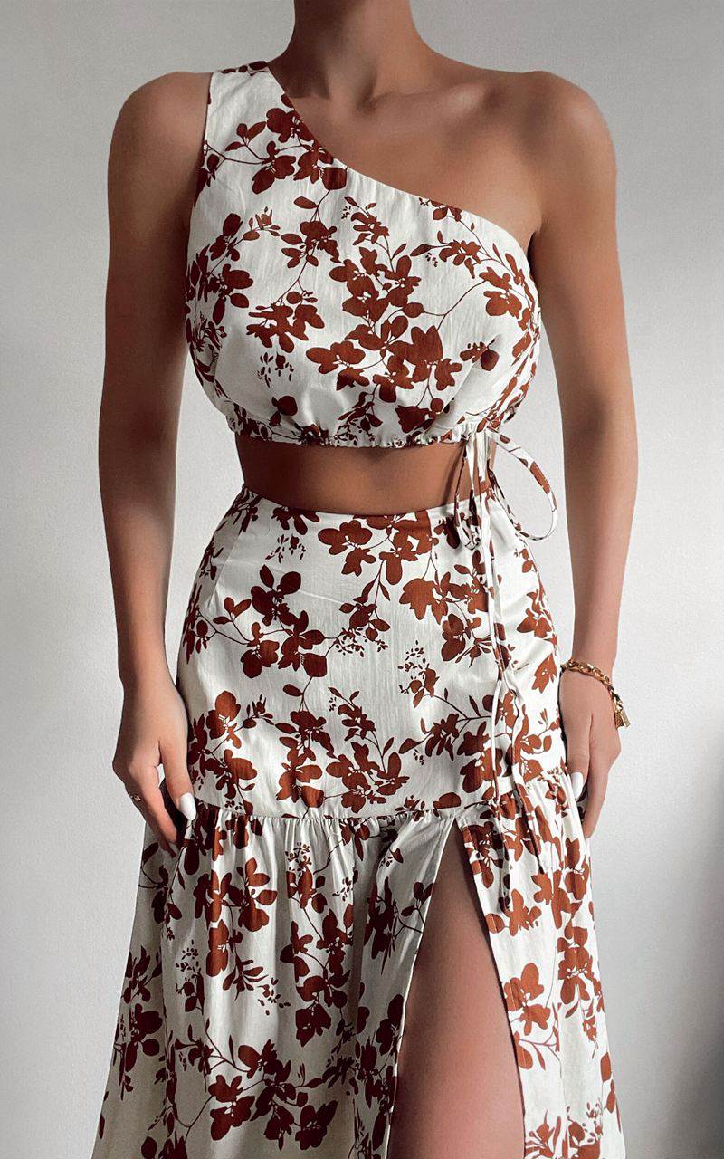 Showpo Meghan Two Piece Set - One Shoulder Crop Top And Midi Skirt Set Shadow Floral | TZLPRJ193