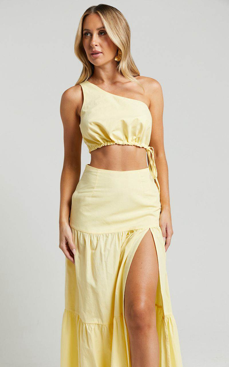 Showpo Meghan Two Piece Set - One Shoulder Crop Top And Midi Skirt Set Butter | RMHZCX037