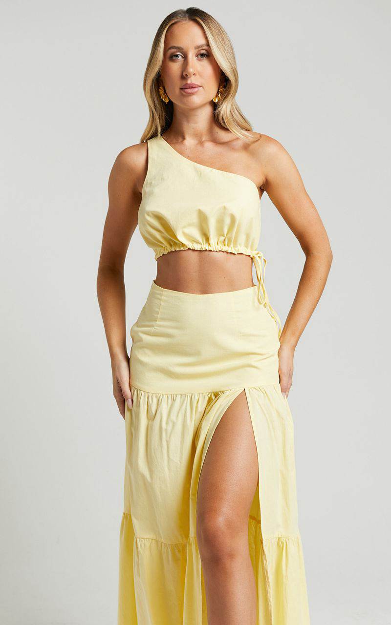 Showpo Meghan Two Piece Set - One Shoulder Crop Top And Midi Skirt Set Butter | RMHZCX037