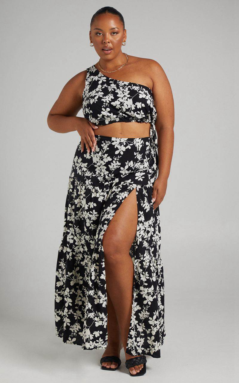 Showpo Meghan Two Piece Set - One Shoulder Crop Top And Midi Skirt Set Black Floral | HFKWZO153