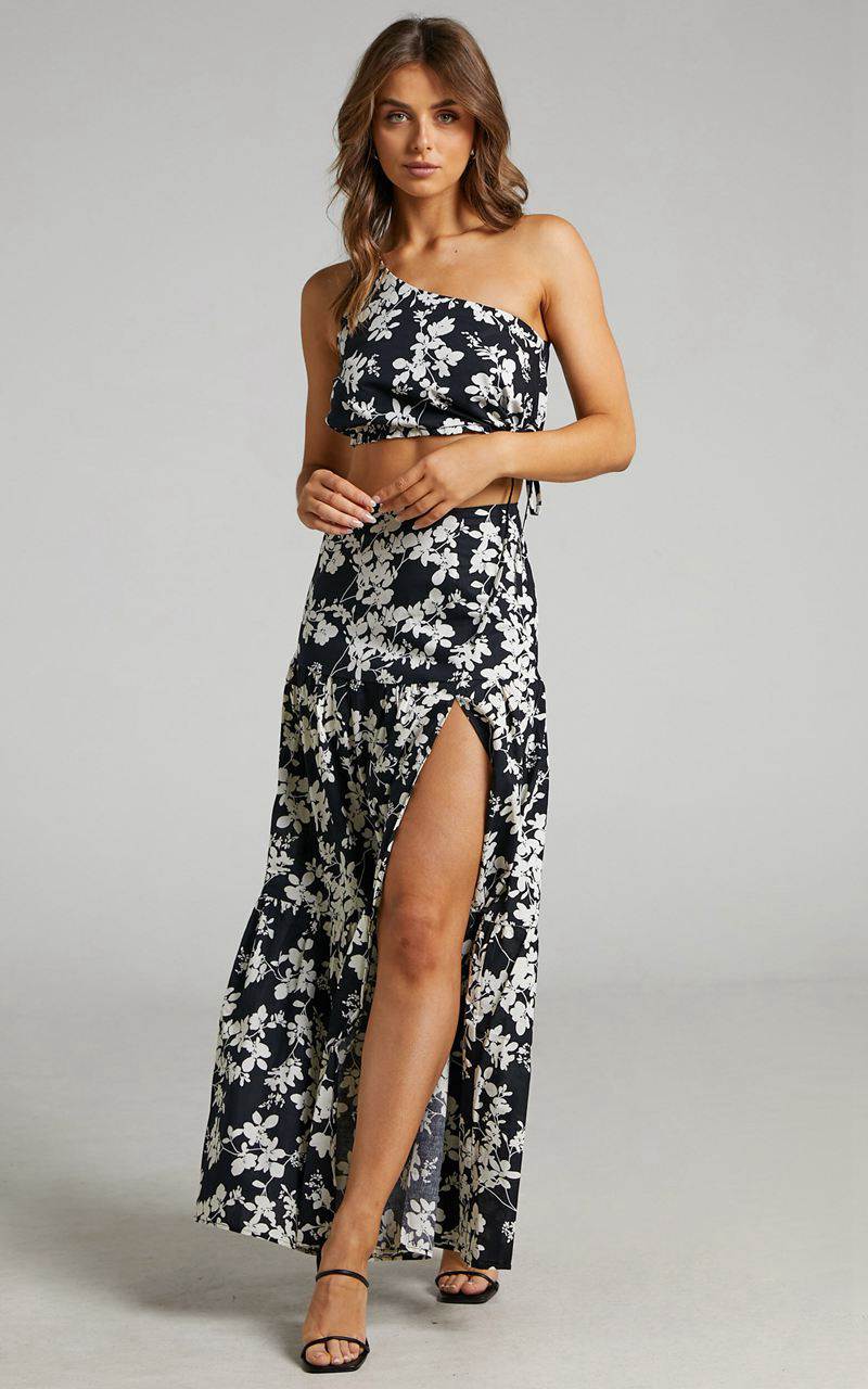 Showpo Meghan Two Piece Set - One Shoulder Crop Top And Midi Skirt Set Black Floral | HFKWZO153