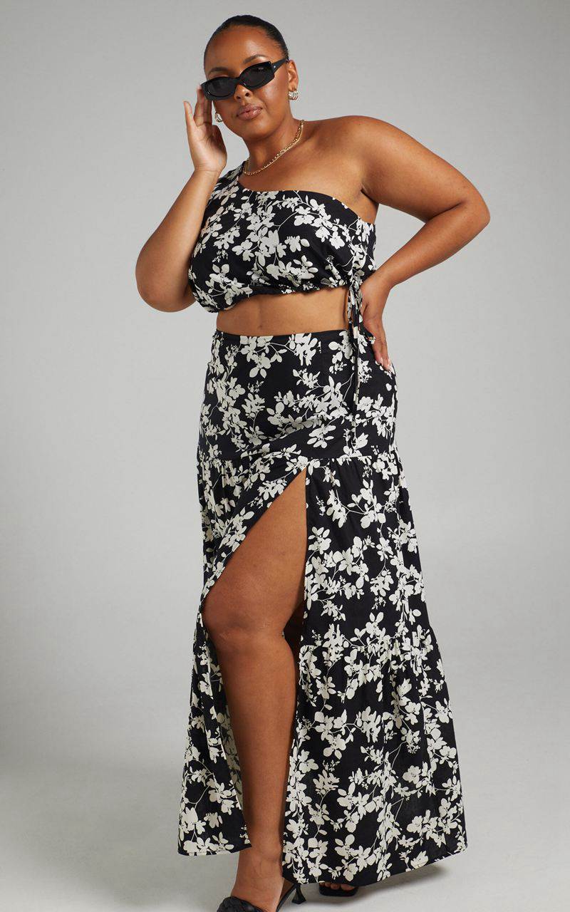 Showpo Meghan Two Piece Set - One Shoulder Crop Top And Midi Skirt Set Black Floral | HFKWZO153