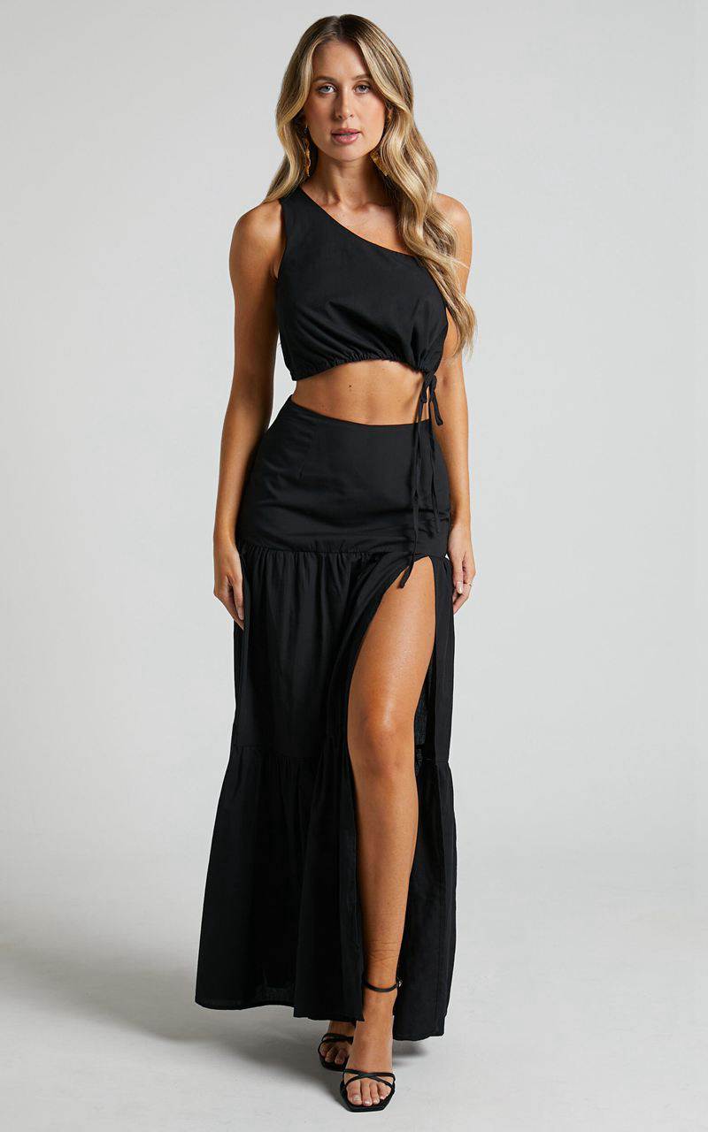 Showpo Meghan Two Piece Set - One Shoulder Crop Top And Midi Skirt Set Black | AFVKNH819