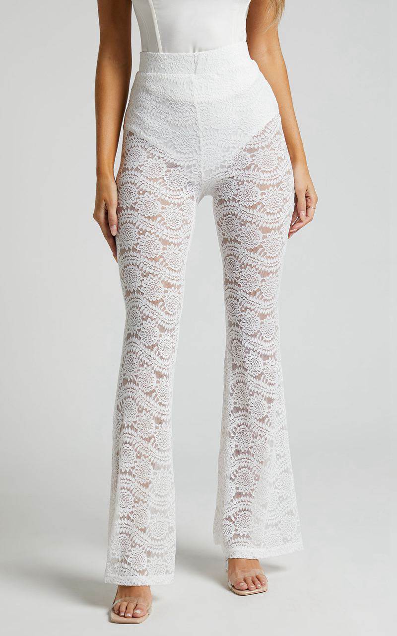 Showpo Mehca Pants - High Waisted Lace Flared Pant White | CVSANM356