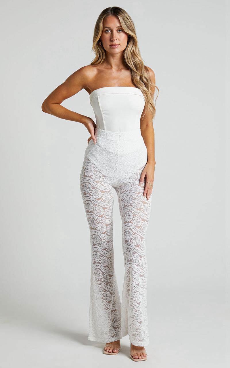 Showpo Mehca Pants - High Waisted Lace Flared Pant White | CVSANM356