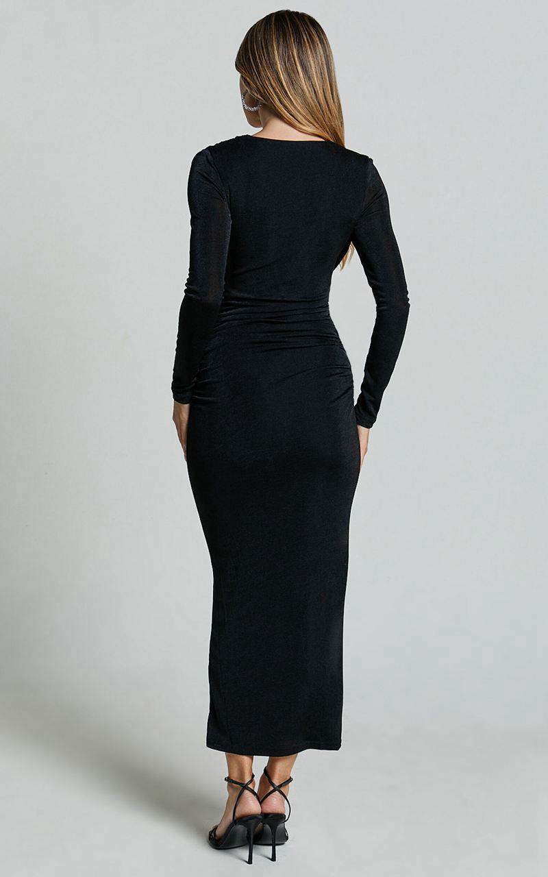 Showpo Melanie Midi Dress - Plunge Long Sleeve Tie Front Dress Black | OERWXI715