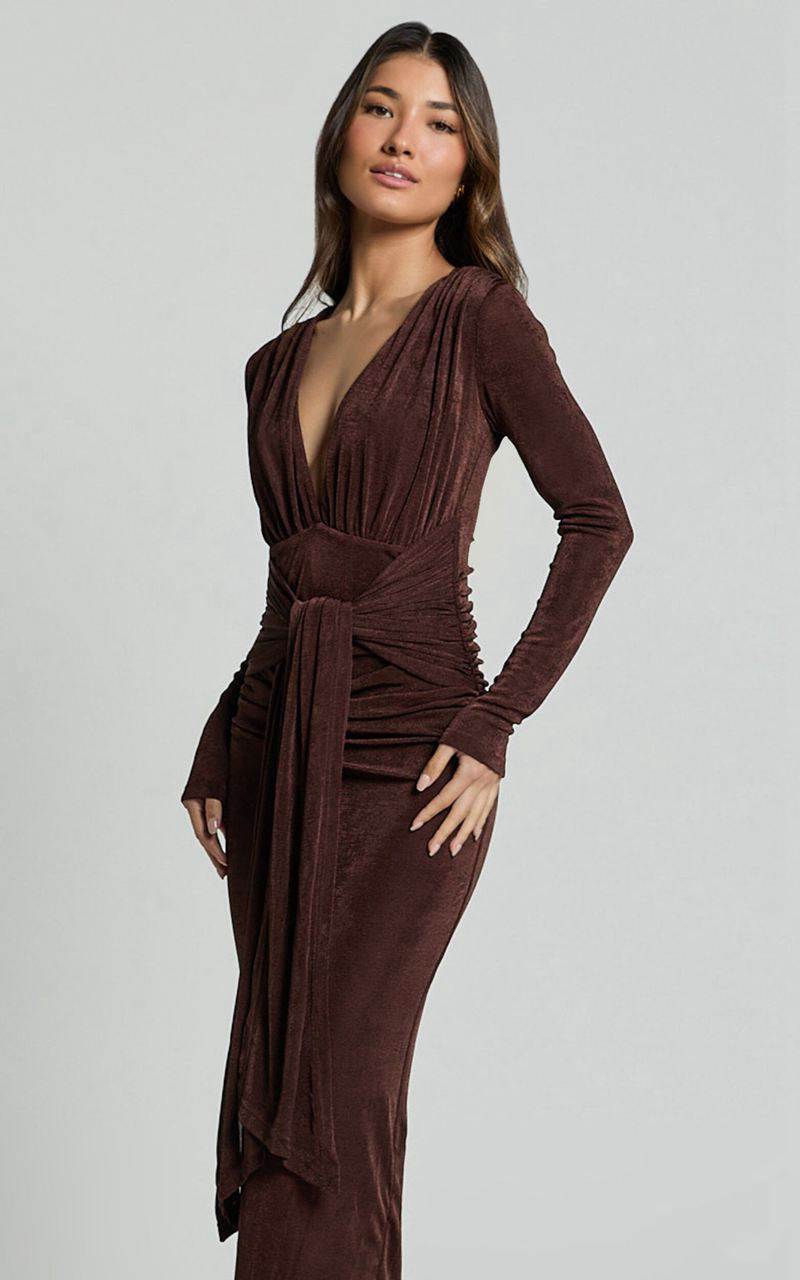 Showpo Melanie Midi Dress - Plunge Long Sleeve Tie Front Dress Chocolate | RZDNGA568