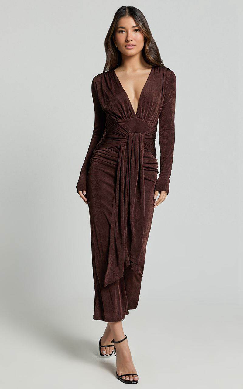 Showpo Melanie Midi Dress - Plunge Long Sleeve Tie Front Dress Chocolate | RZDNGA568