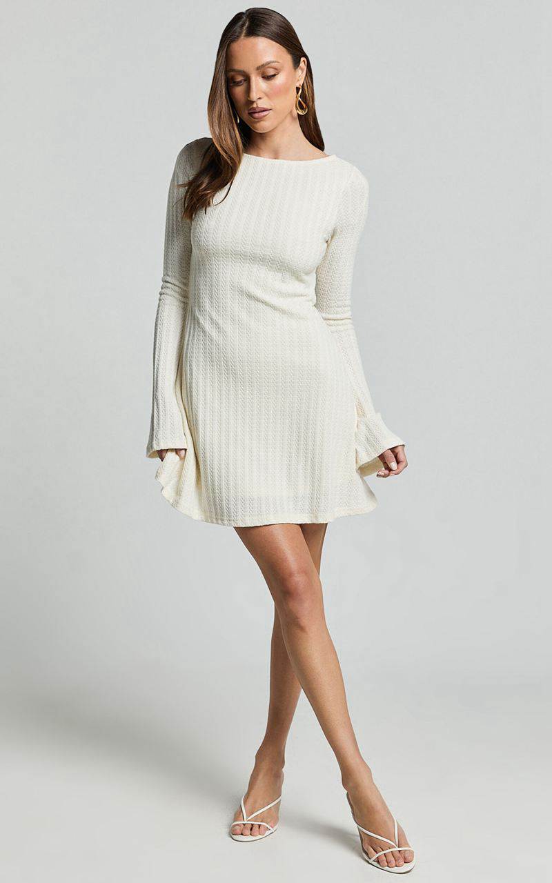 Showpo Melissa Mini Dress - Flared Long Sleeve A Line Dress Off White | QWVHMO573