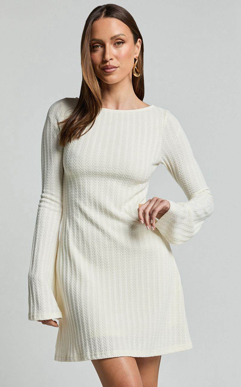 Showpo Melissa Mini Dress - Flared Long Sleeve A Line Dress Off White | QWVHMO573