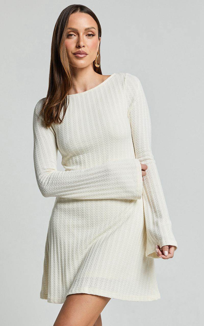 Showpo Melissa Mini Dress - Flared Long Sleeve A Line Dress Off White | QWVHMO573