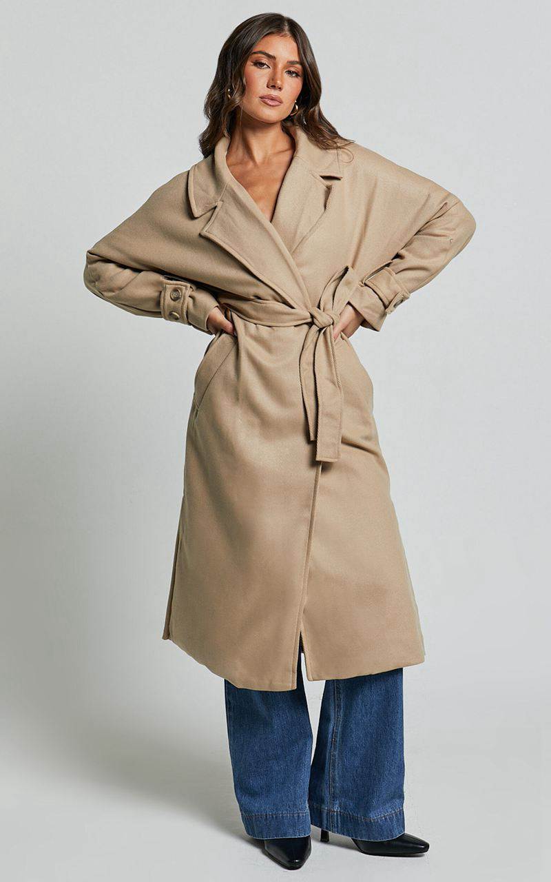 Showpo Mella Coat - Belted Longline Coat Camel | SPZDXB619