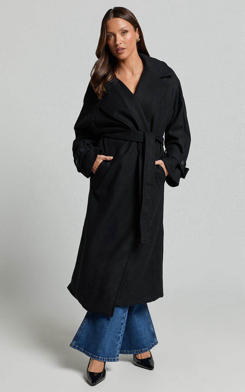 Showpo Mella Coat - Belted Longline Coat Black | HKXRVZ137