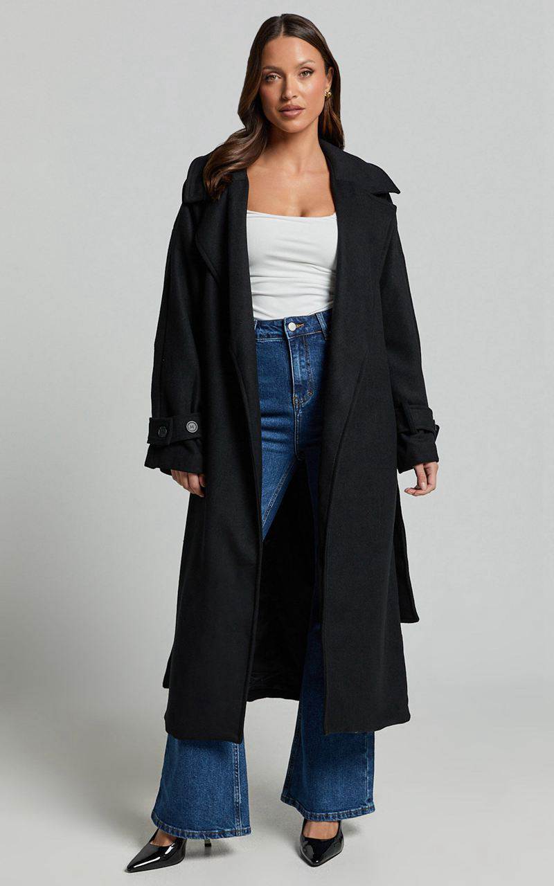 Showpo Mella Coat - Belted Longline Coat Black | HKXRVZ137