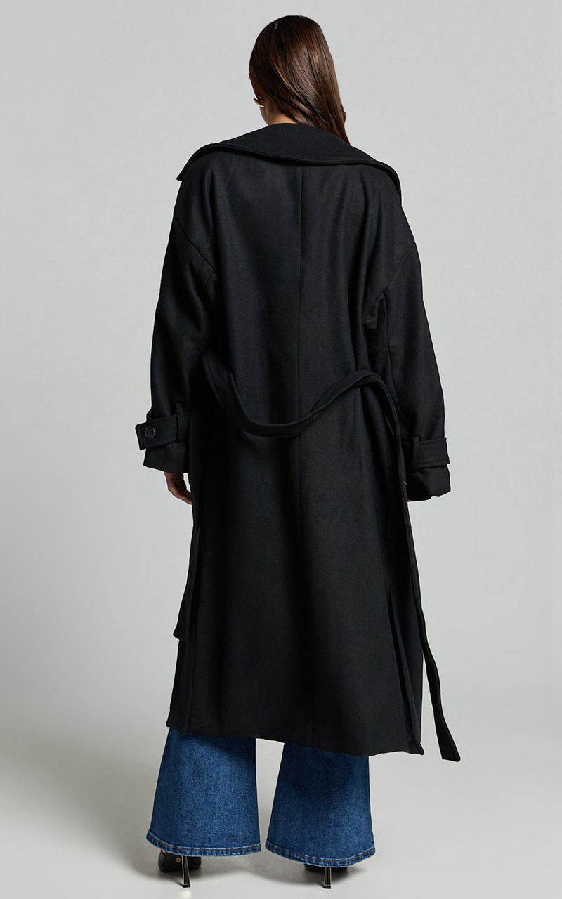 Showpo Mella Coat - Belted Longline Coat Black | HKXRVZ137