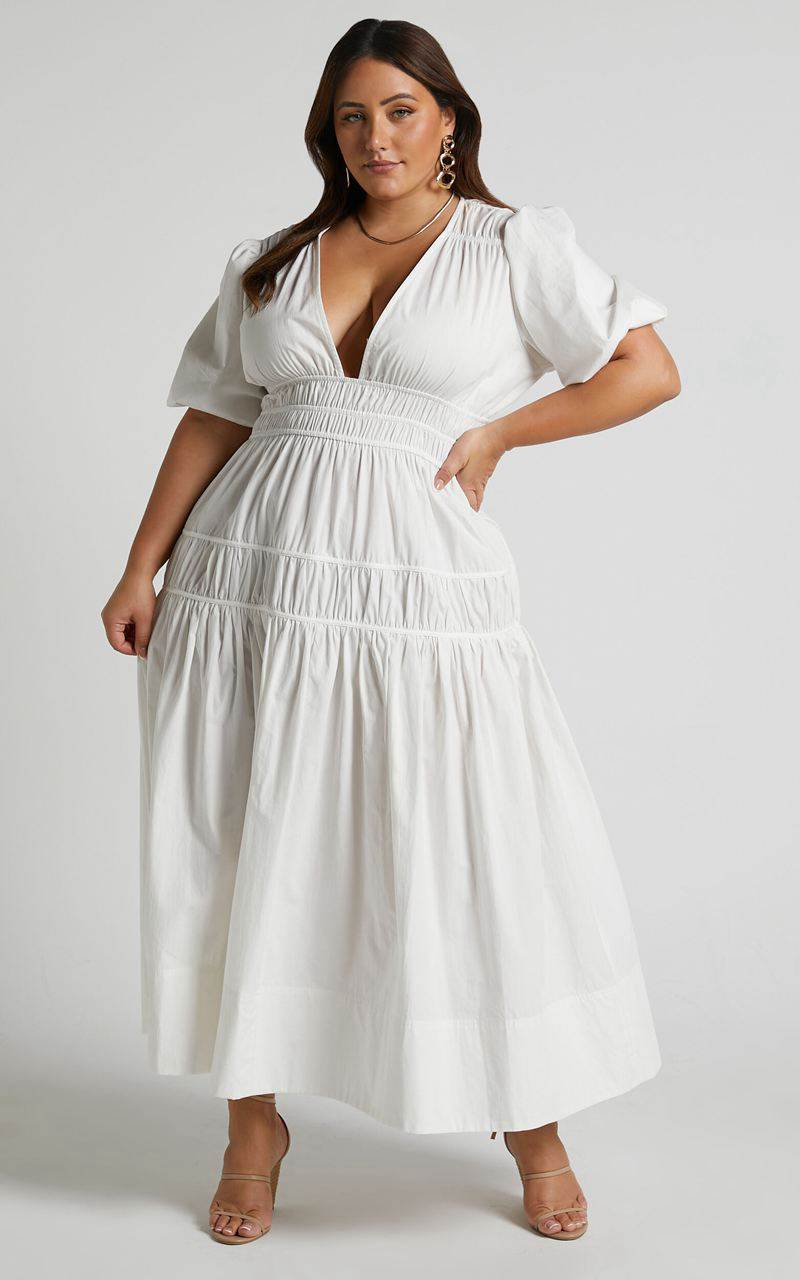 Showpo Mellie Midi Dress - Puff Sleeve Plunge Tiered Dress White | KJXSEH831