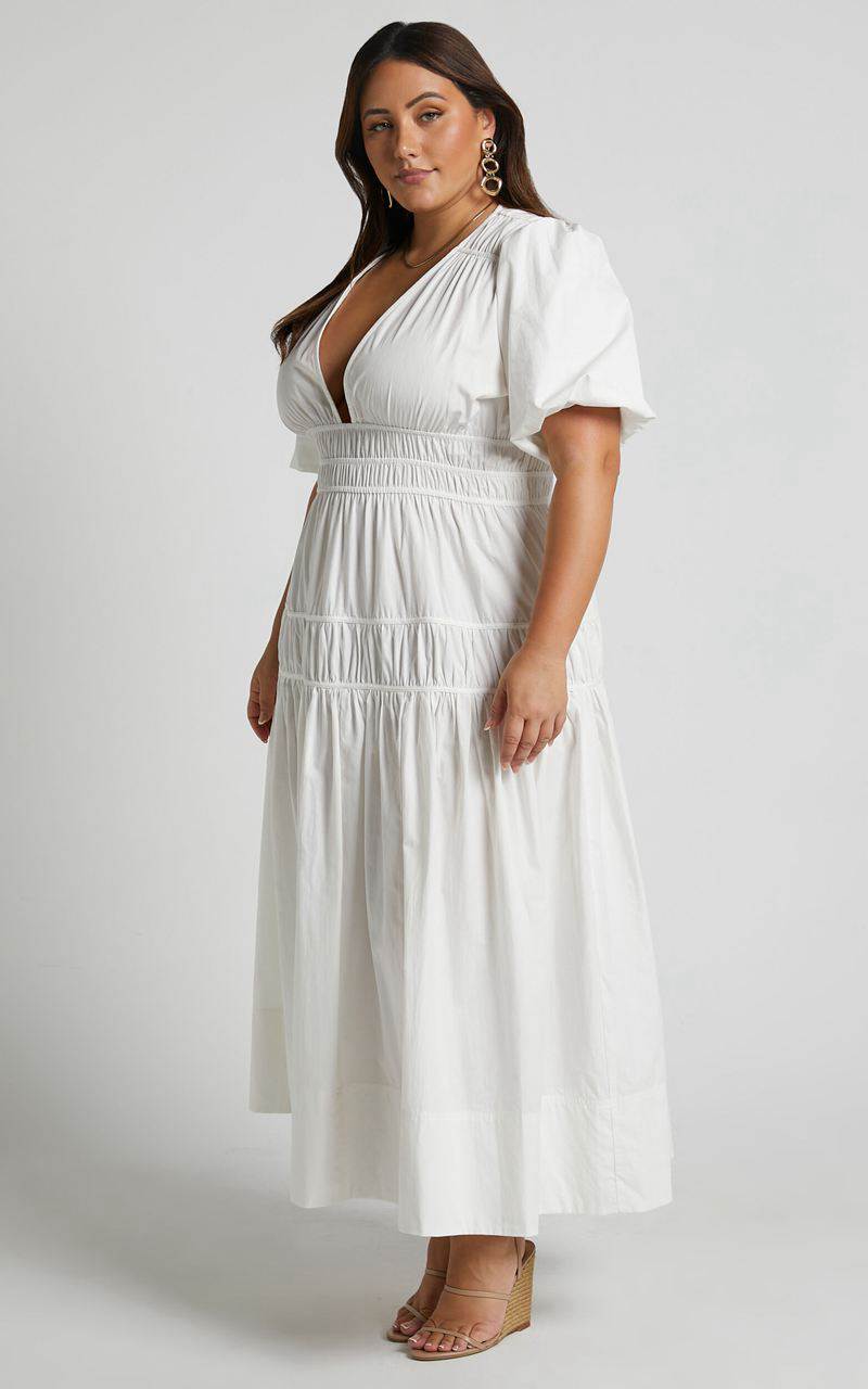 Showpo Mellie Midi Dress - Puff Sleeve Plunge Tiered Dress White | KJXSEH831