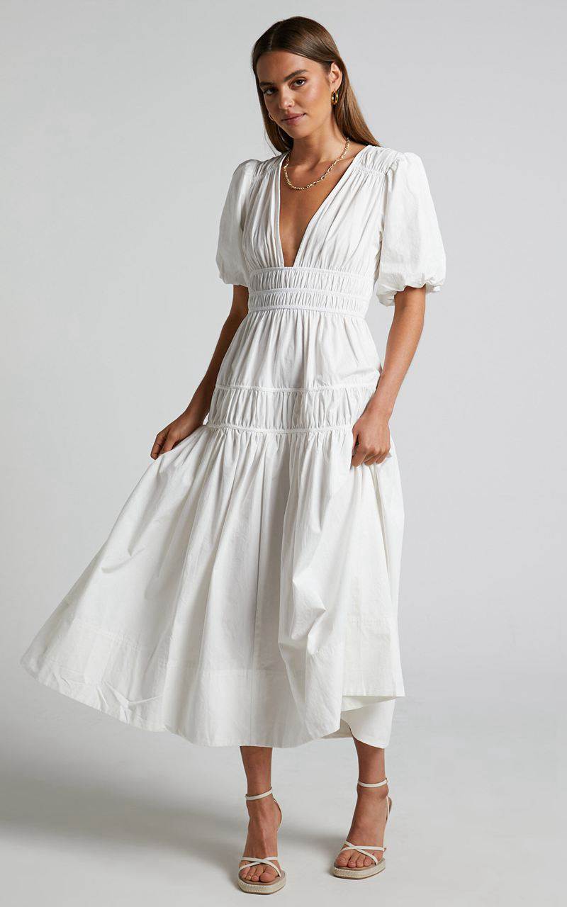 Showpo Mellie Midi Dress - Puff Sleeve Plunge Tiered Dress White | KJXSEH831