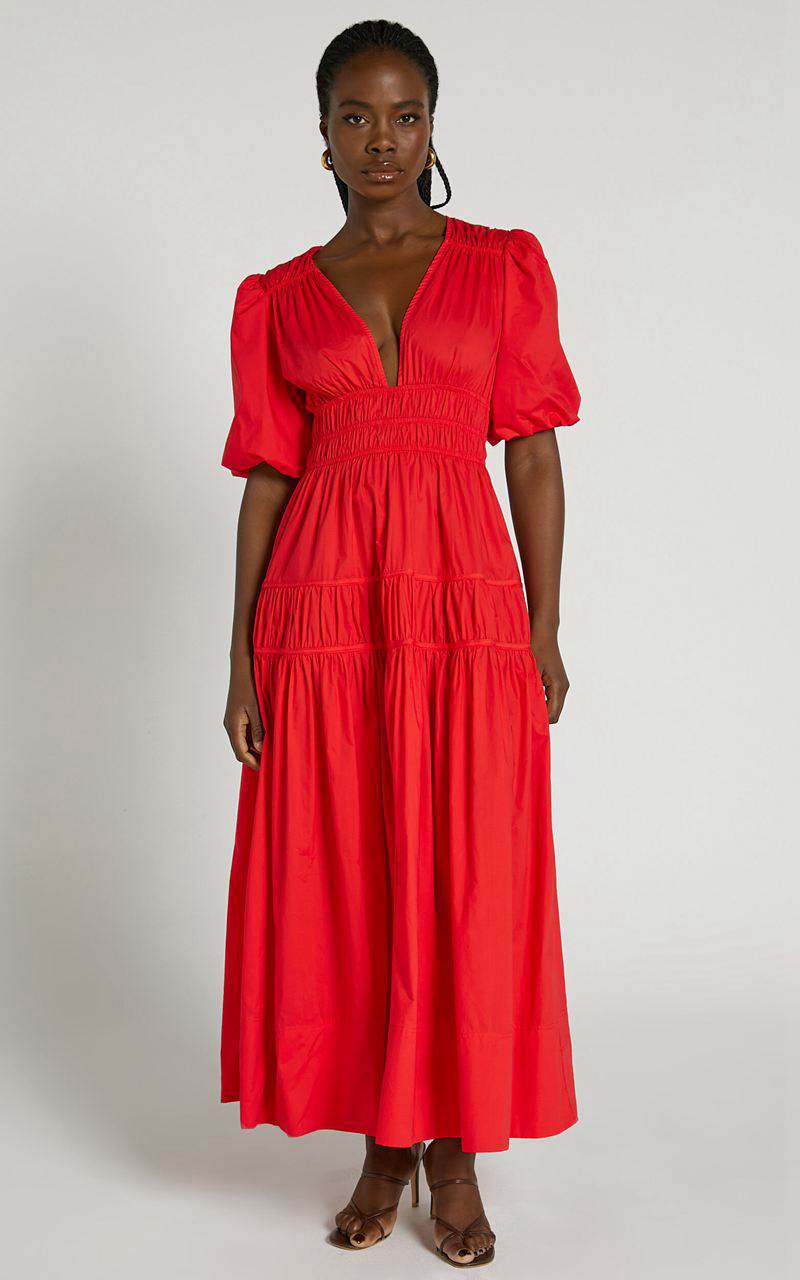 Showpo Mellie Midi Dress - Puff Sleeve Plunge Tiered Dress Cherry Tomato | OBMHNJ560