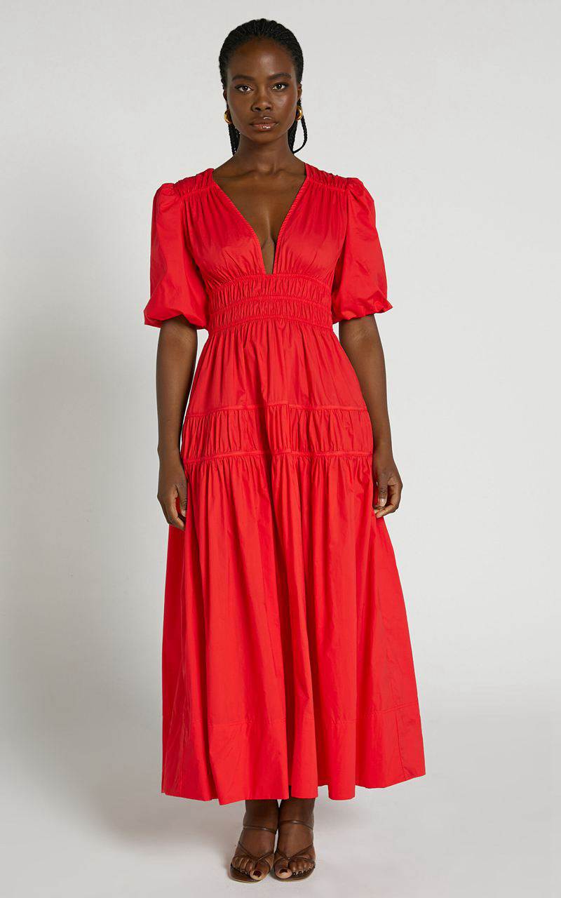 Showpo Mellie Midi Dress - Puff Sleeve Plunge Tiered Dress Cherry Tomato | OBMHNJ560