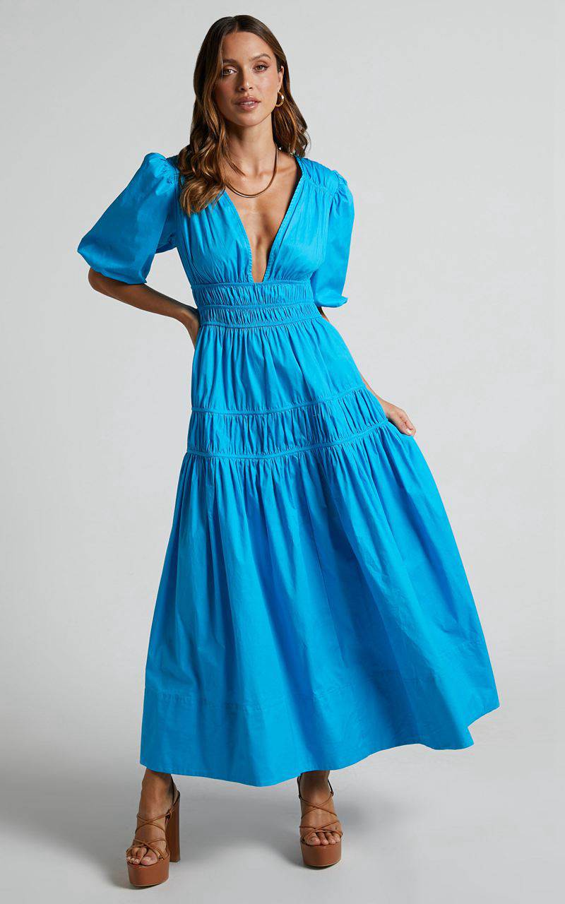 Showpo Mellie Midi Dress - Puff Sleeve Plunge Tiered Dress Blue | KRQXFT456