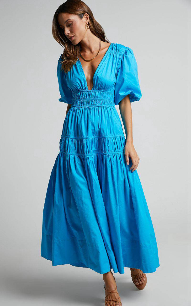 Showpo Mellie Midi Dress - Puff Sleeve Plunge Tiered Dress Blue | KRQXFT456