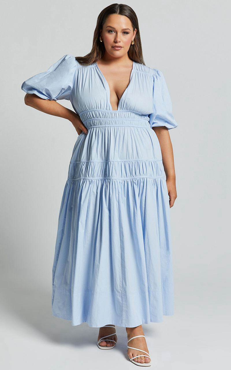 Showpo Mellie Midi Dress - Puff Sleeve Plunge Tiered Dress Soft Blue | AYBGOM485