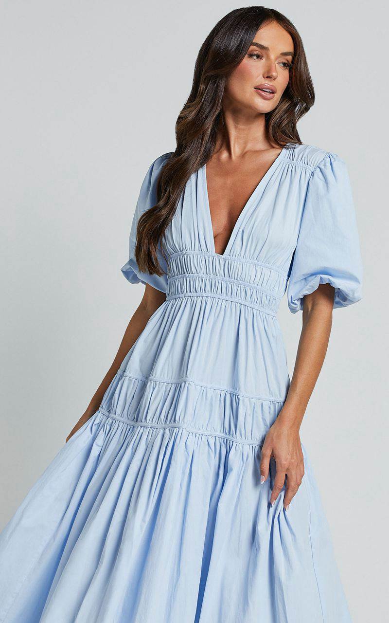 Showpo Mellie Midi Dress - Puff Sleeve Plunge Tiered Dress Soft Blue | AYBGOM485