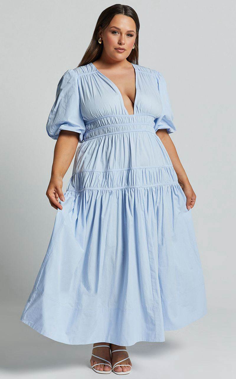 Showpo Mellie Midi Dress - Puff Sleeve Plunge Tiered Dress Soft Blue | AYBGOM485