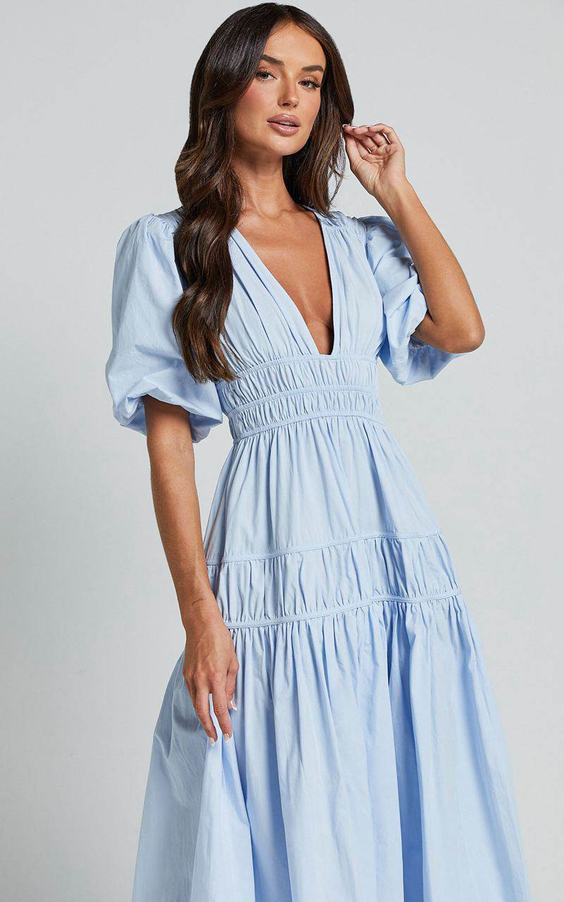 Showpo Mellie Midi Dress - Puff Sleeve Plunge Tiered Dress Soft Blue | AYBGOM485