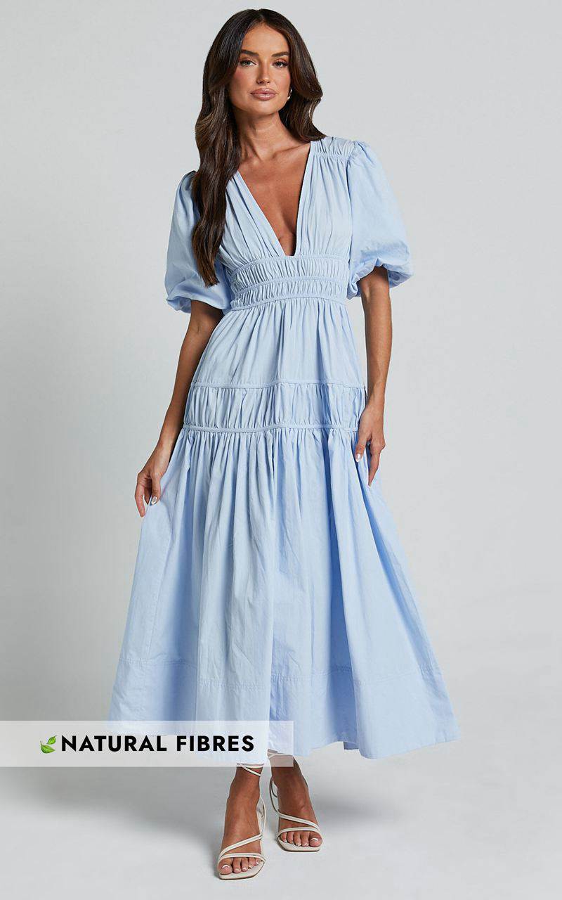 Showpo Mellie Midi Dress - Puff Sleeve Plunge Tiered Dress Soft Blue | AYBGOM485