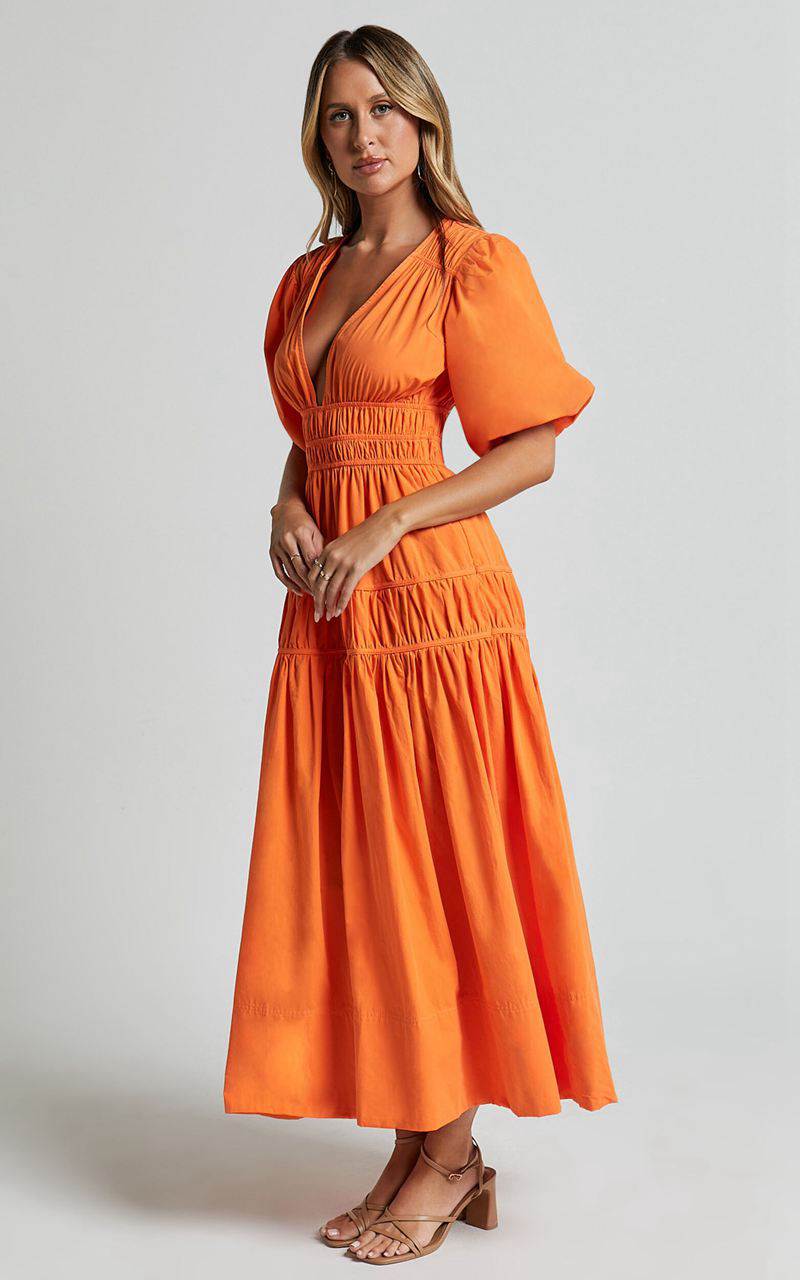 Showpo Mellie Midi Dress - Puff Sleeve Plunge Tiered Dress Orange | DEICQZ729