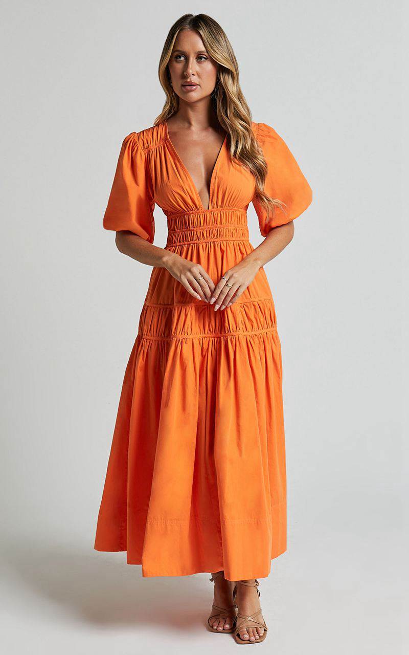 Showpo Mellie Midi Dress - Puff Sleeve Plunge Tiered Dress Orange | DEICQZ729