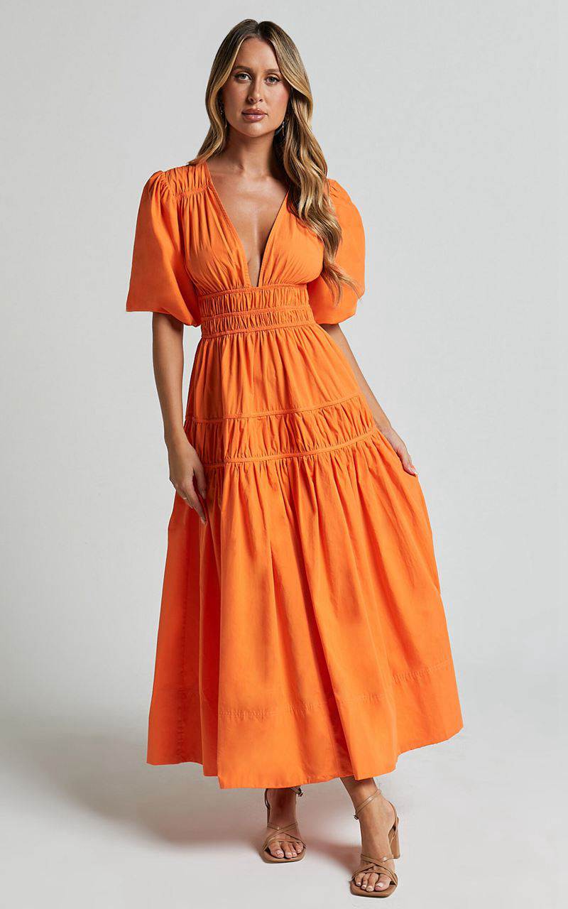 Showpo Mellie Midi Dress - Puff Sleeve Plunge Tiered Dress Orange | DEICQZ729