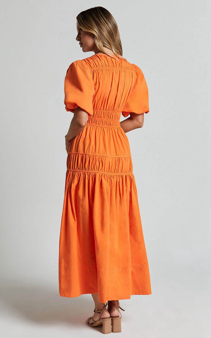 Showpo Mellie Midi Dress - Puff Sleeve Plunge Tiered Dress Orange | DEICQZ729