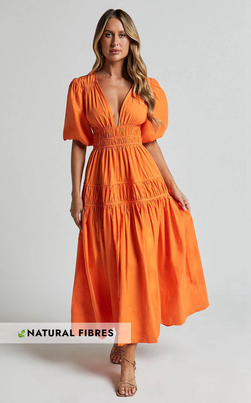 Showpo Mellie Midi Dress - Puff Sleeve Plunge Tiered Dress Orange | DEICQZ729