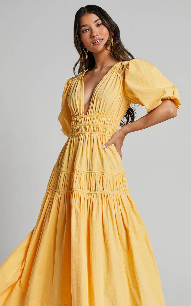 Showpo Mellie Midi Dress - Puff Sleeve Plunge Tiered Dress Pineapple | ZGWOTB296