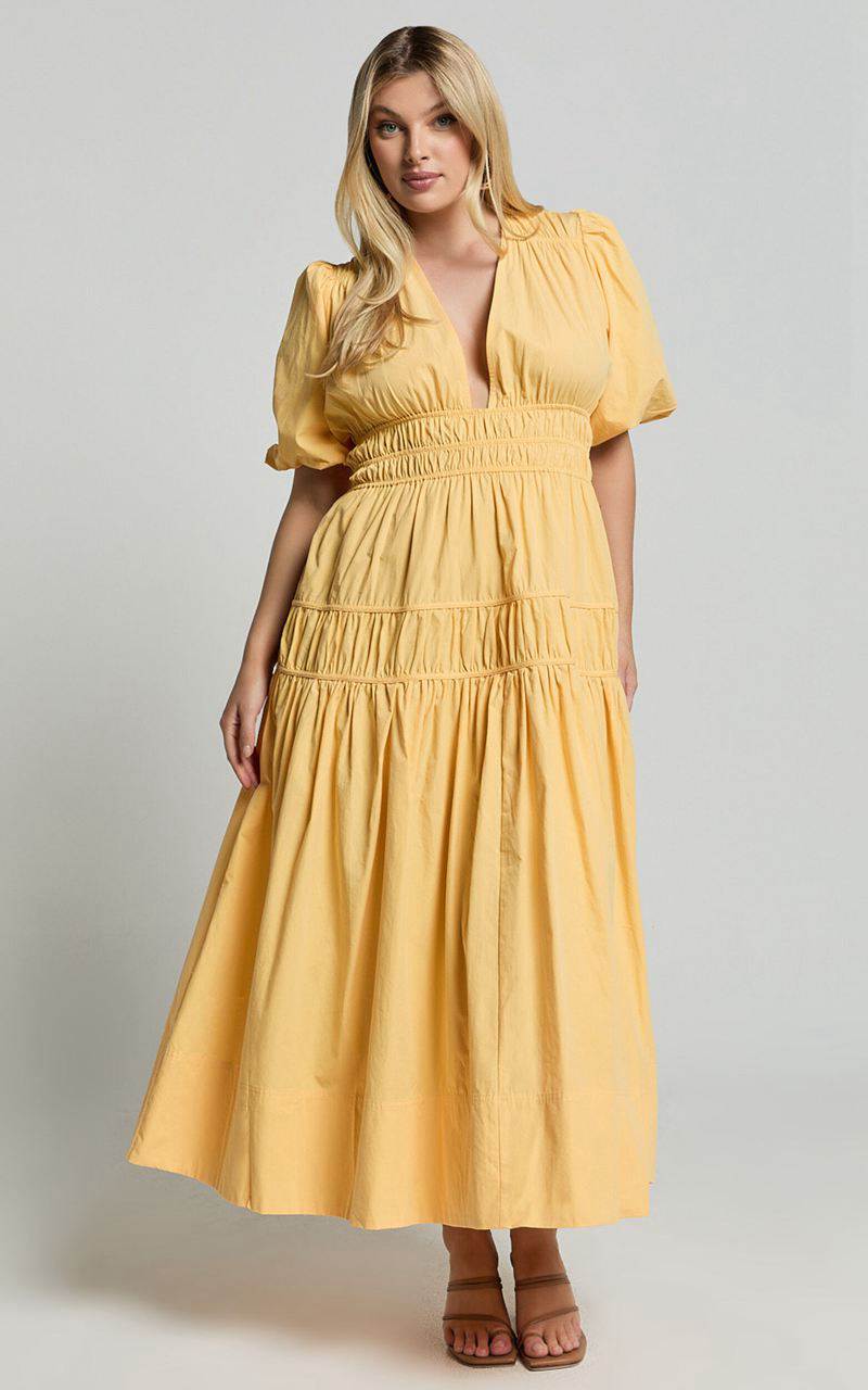 Showpo Mellie Midi Dress - Puff Sleeve Plunge Tiered Dress Pineapple | ZGWOTB296