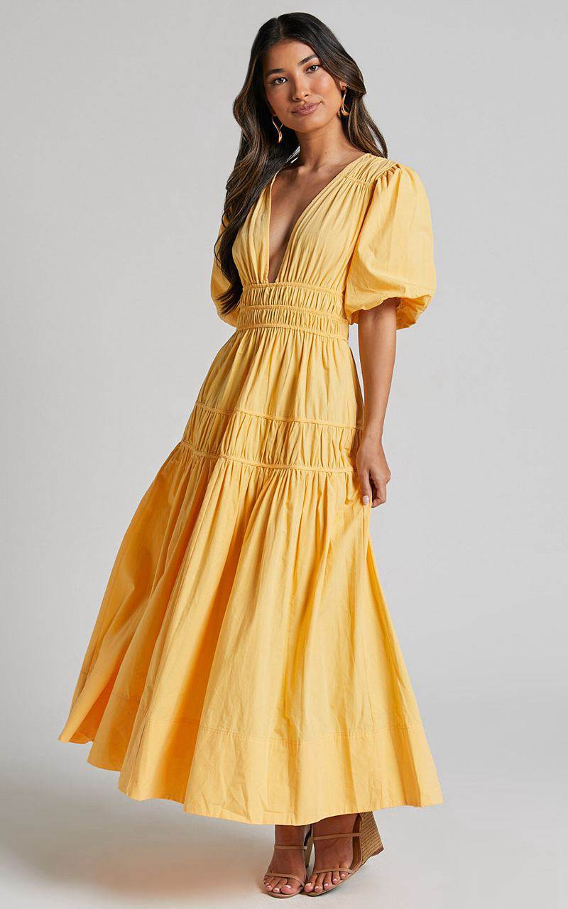 Showpo Mellie Midi Dress - Puff Sleeve Plunge Tiered Dress Pineapple | ZGWOTB296