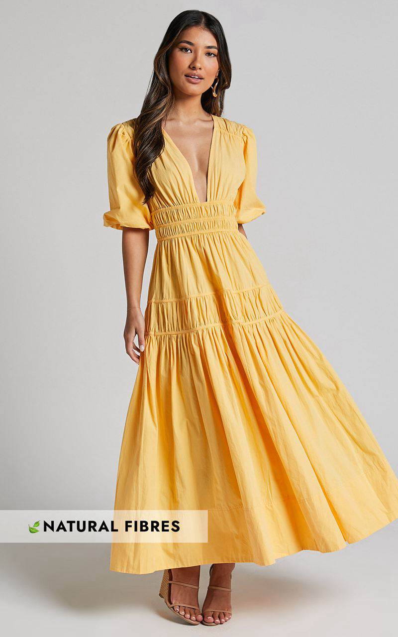 Showpo Mellie Midi Dress - Puff Sleeve Plunge Tiered Dress Pineapple | ZGWOTB296