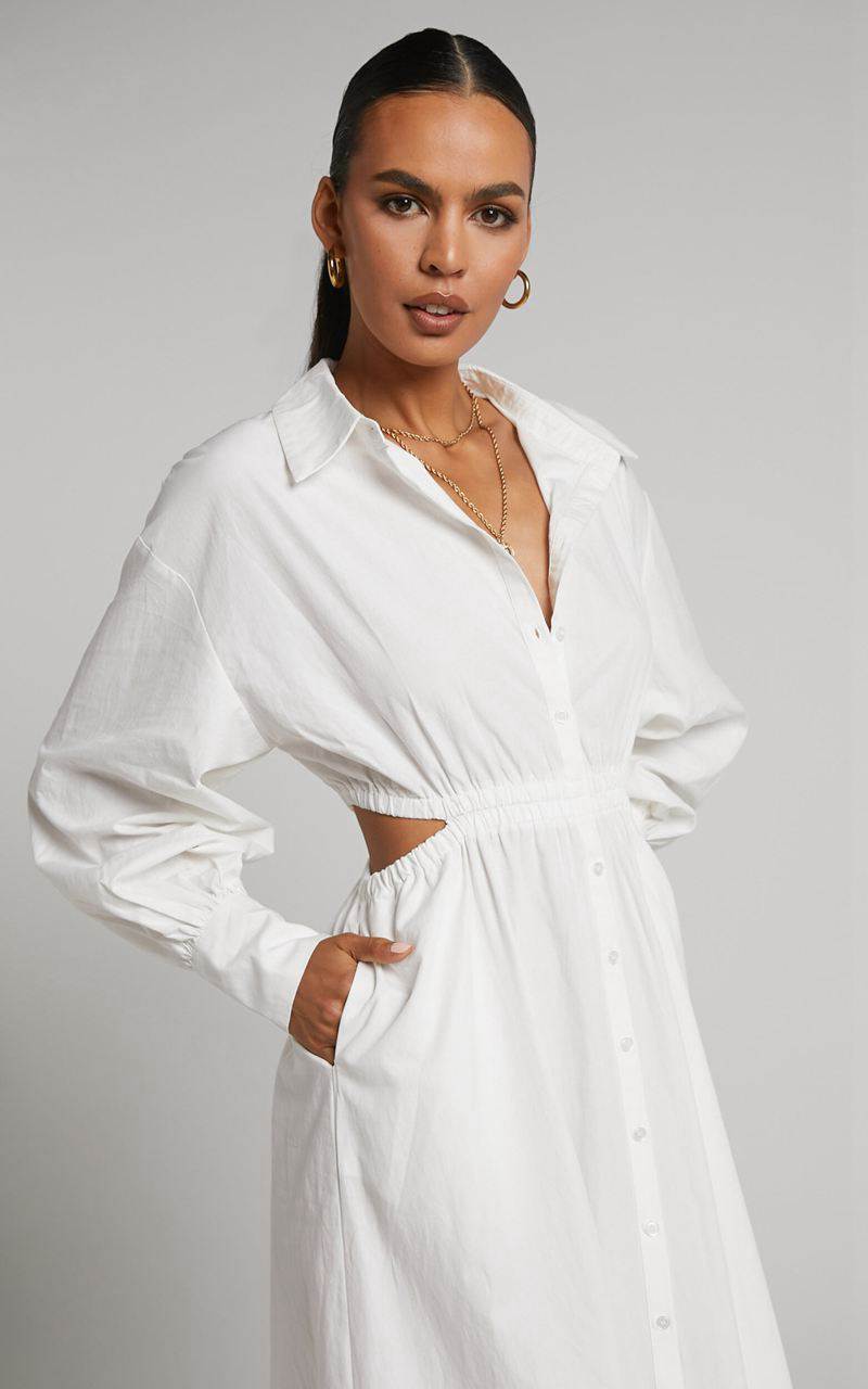 Showpo Merabelle Midi Dress - Side Cut Out Collared Long Sleeve Shirt Dress White | NYIJTL208