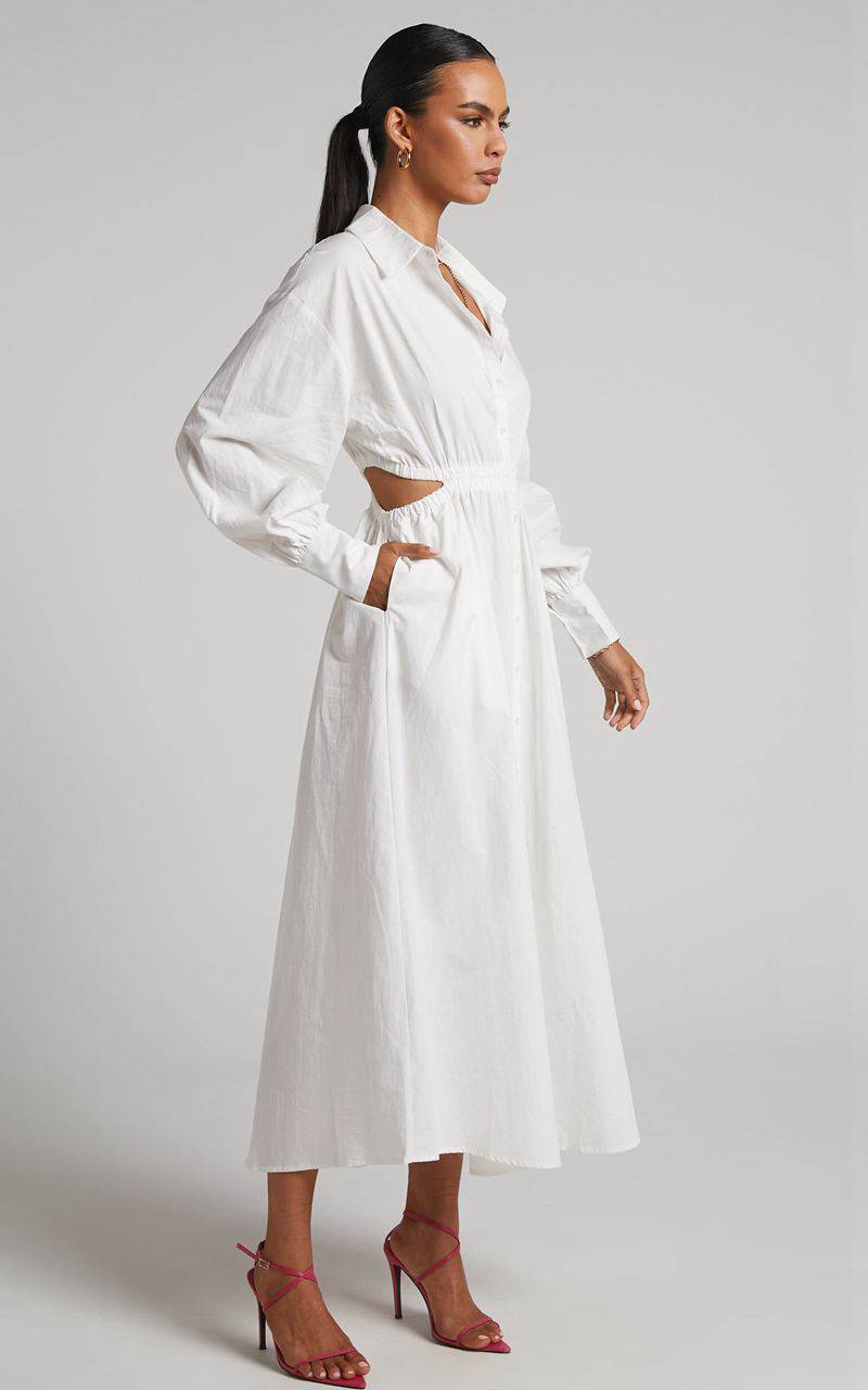 Showpo Merabelle Midi Dress - Side Cut Out Collared Long Sleeve Shirt Dress White | NYIJTL208