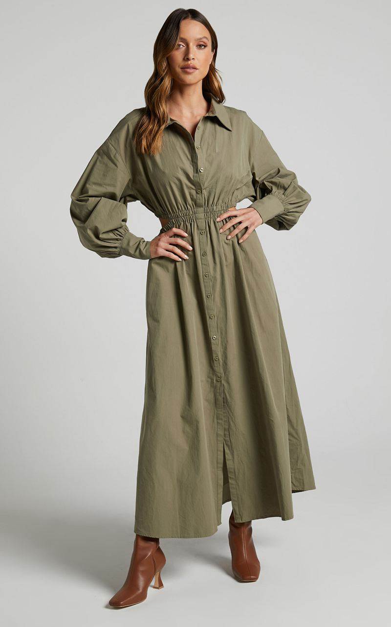 Showpo Merabelle Midi Dress - Side Cut Out Collared Long Sleeve Shirt Dress Olive | NKRIFM715