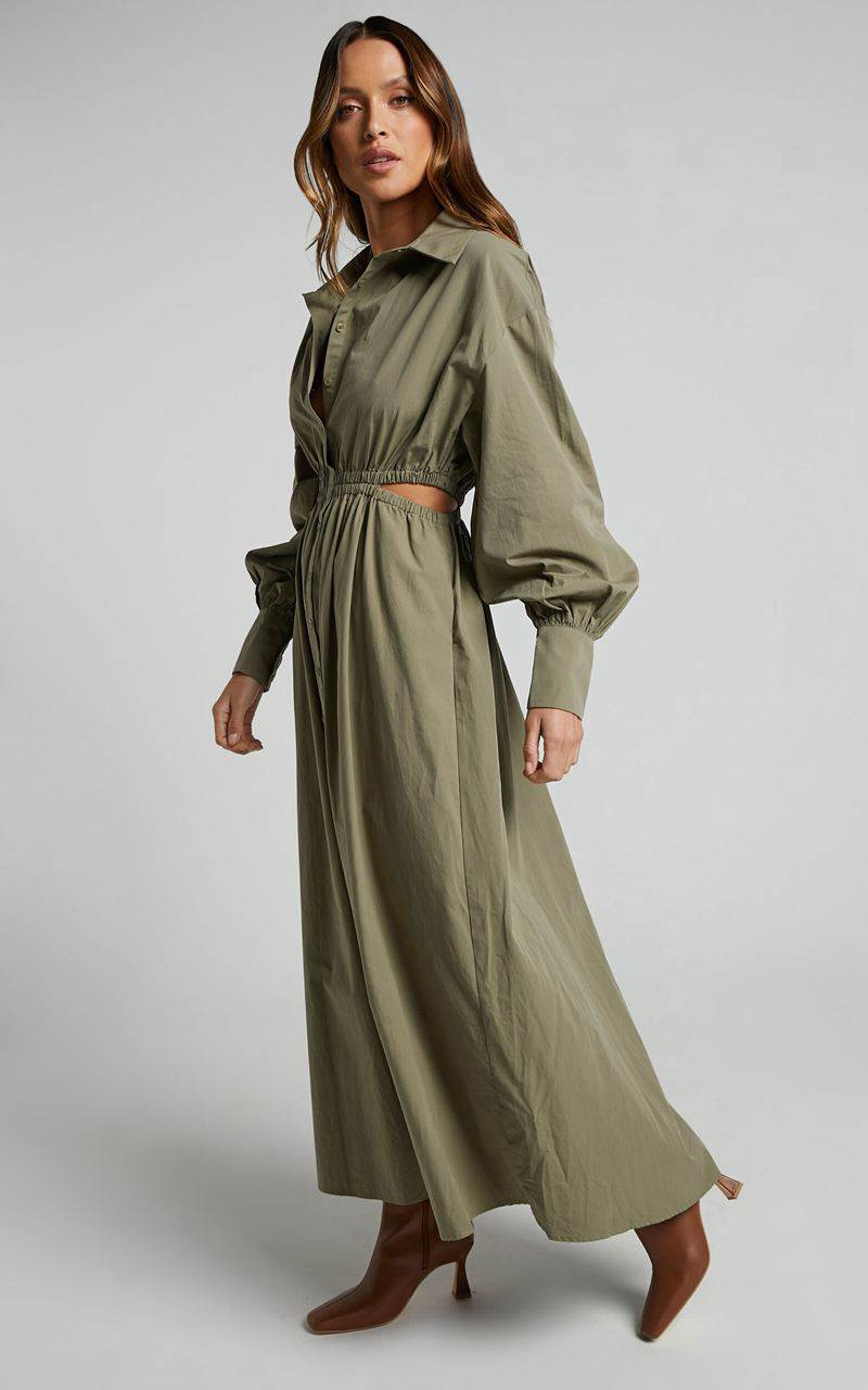 Showpo Merabelle Midi Dress - Side Cut Out Collared Long Sleeve Shirt Dress Olive | NKRIFM715