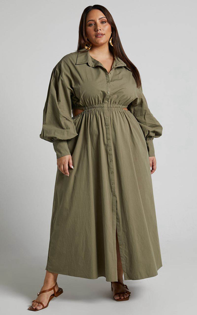 Showpo Merabelle Midi Dress - Side Cut Out Collared Long Sleeve Shirt Dress Olive | NKRIFM715